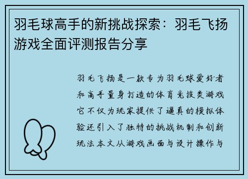 羽毛球高手的新挑战探索：羽毛飞扬游戏全面评测报告分享